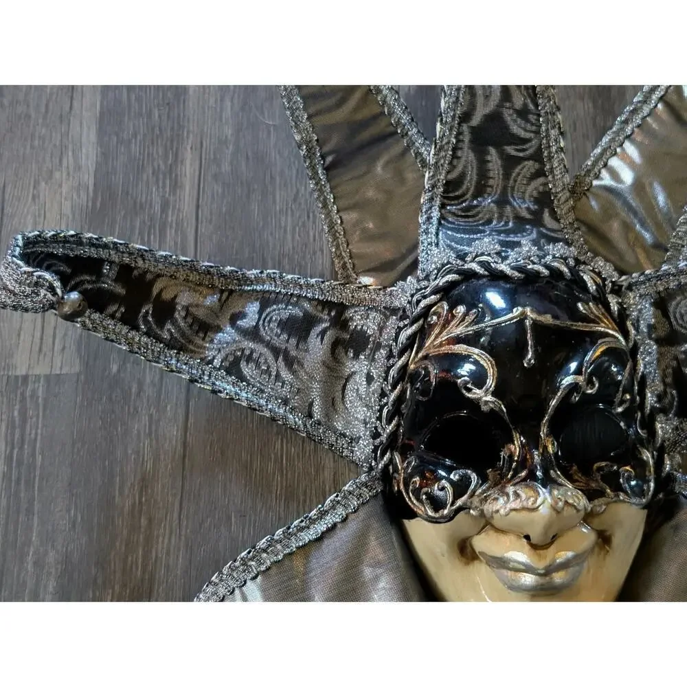 NEW! TOOMEY'S Mardi Gras HANDMADE JESTER Mask Full Face Black Silver Party